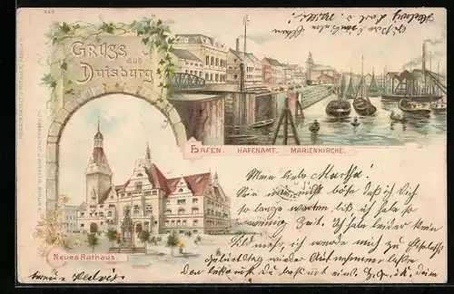 Lithographie Duisburg, Hafen mit Hafenamt, Marienkirche, Neues Rathaus