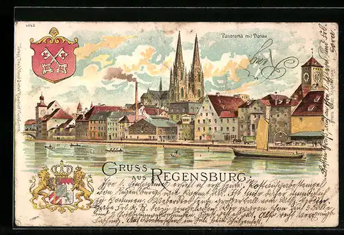 Lithographie Regensburg, Wappen, Blick nach dem Dom