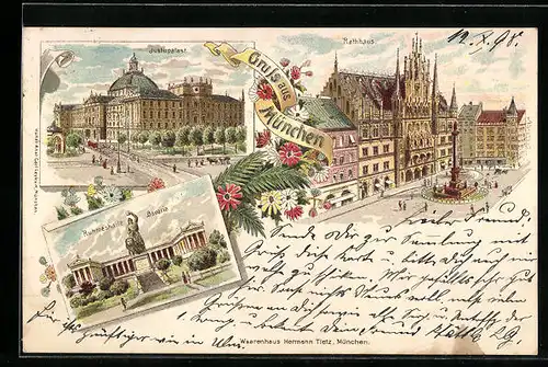 Lithographie München, Justizpalast, Rathaus, Ruhmeshalle mit Bavaria