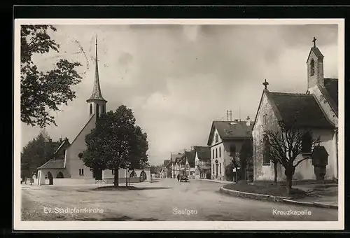 AK Saulgau, Partie an der Kreuzkapelle und Ev. Stadtpfarrkirche