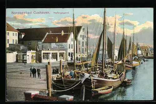 AK Cuxhaven, Partie am Hafen mit Restaurant Hafen-Haus