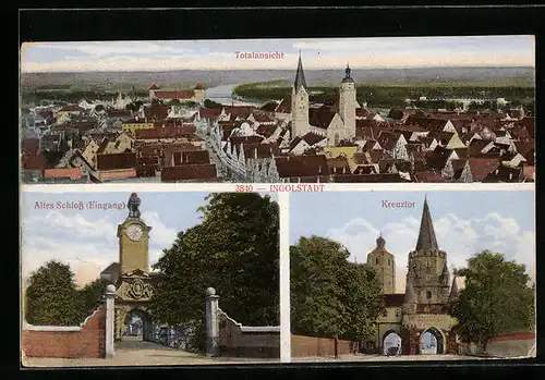 AK Ingolstadt, Altes Schloss mit Eingang, Kreuztor, Gesamtansicht