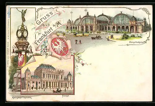Lithographie Frankfurt / Main, Hauptbahnhof, Börse, Manskopf Uhrturm, Wappen