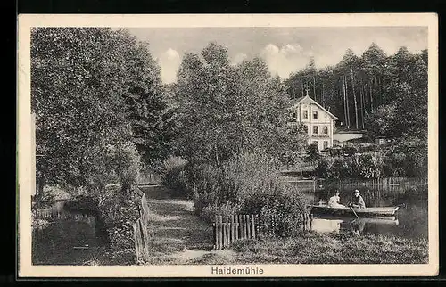 AK Langebrück i. Sa., Blick nach der Haidemühle mit Teich