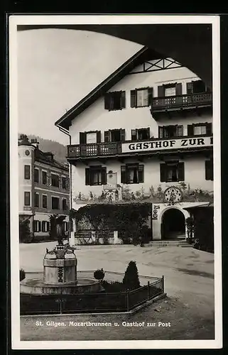 AK St. Gilgen, Mozartbrunnen und Gasthof zur Post