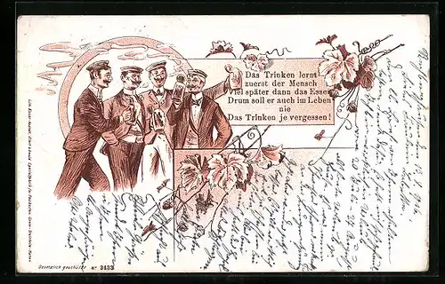 Lithographie Studenten beim Trinken, Das Trinken lernt zuerst der Mensch...