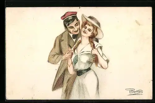 Künstler-AK Student umarmt eine schöne Dame