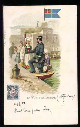Lithographie Schweden, La Poste en Suède, Postbote entsteigt dem Fährboot