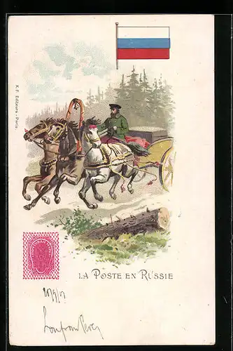 Lithographie La Poste en Russie, Pferdekutsche