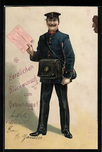 Lithographie Geburtstagsgruss, Postbote mit Postanweisung