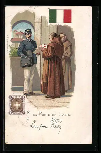 Lithographie Brief, Landesflagge, Italien, Mönch und Postbote