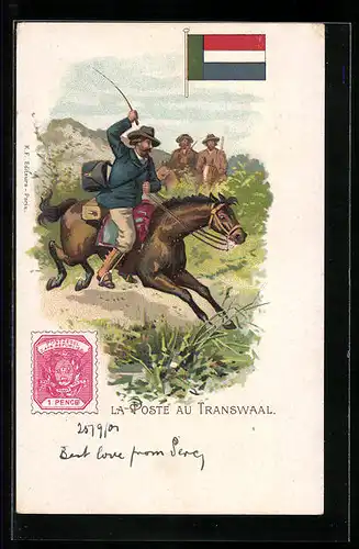 Lithographie La Poste au Transwaal, Postbote auf Pferd