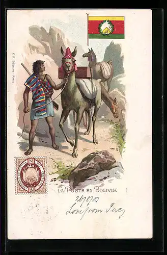 Lithographie La Poste en Bolivie, Postbote mit Lamas