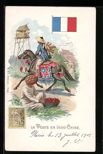 Lithographie Brief, Landesflagge, Indochina, Postreiter auf einem Pferd
