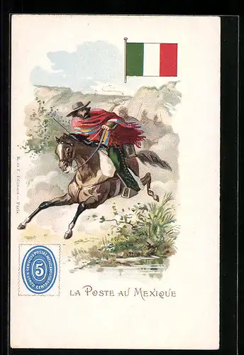 Lithographie La Poste au Mexique, Briefträger, Postbote zu Ross
