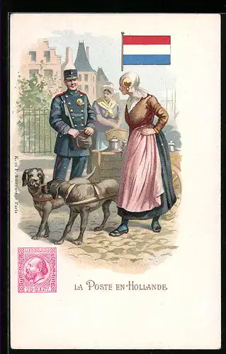 Lithographie La Poste en Hollande, Briefträger und Milchfrau mit Hundegespann