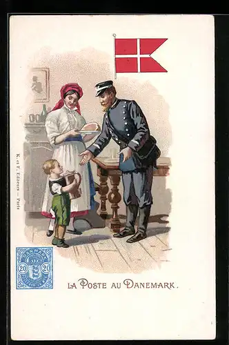 Lithographie La Poste au Danmark, Briefträger, Postbote