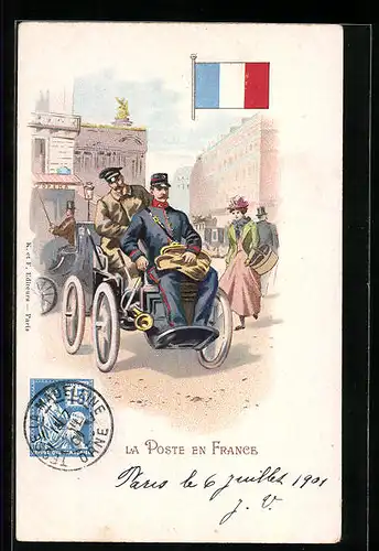 Lithographie Brief, Landesflagge, Frankreich, der Postbote auf seinem Automobil