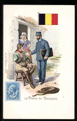 Lithographie La Poste en Belgique, Postbote überreicht einen Brief