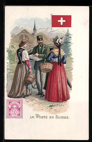 Lithographie La Poste en Suisse, Briefträger, Postbote