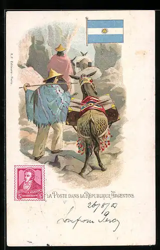 Lithographie La Poste dans la République Argentine, Postboten mit Lamas