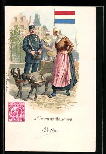 Lithographie La Poste En-Hollande, Hunde vor den Milchkarren gespannt, Briefmarke