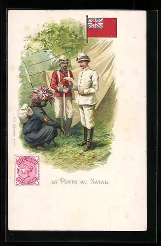 Lithographie La Poste au Natal, Postbote mit Federschmuck, Brief