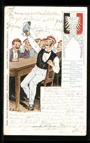 Lithographie Student hebt seinen Humpen, studentische Szene, Studentenwappen