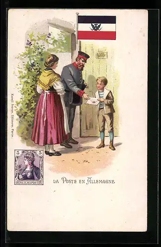 Lithographie La Poste en Allemagne, Postbote überreicht einen Brief