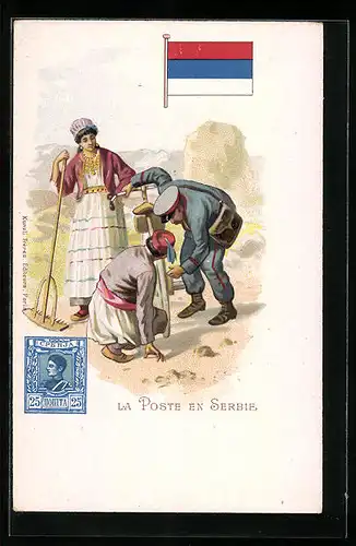 Lithographie Briefträger in Serbien mit Menschen in Tracht