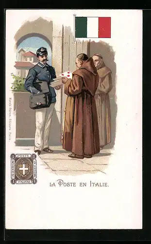 Lithographie Brief, Landesflagge, Italien, Mönch und Postbote