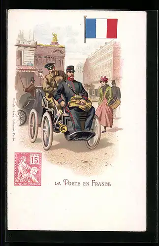 Lithographie La Poste en France, Postbote im Auto & französische Fahne
