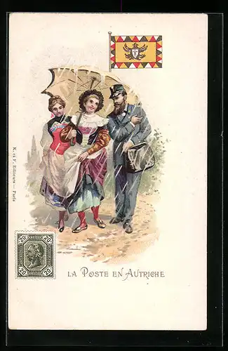 Lithographie La Poste En Autriche, Damen gewähren Postboten Schutz vor dem Regen, Brief