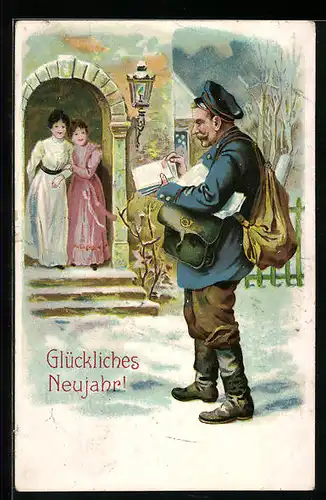 Lithographie Postbote mit Briefen für die Damen, Neujahrsgruss