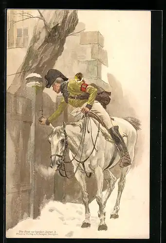 Lithographie Briefträger auf seinem weissen Ross zu verschneiten Tagen