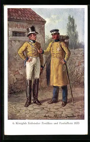 Künstler-AK Königlich Sächsischer Postillion und Postfussbote im Jahr 1833