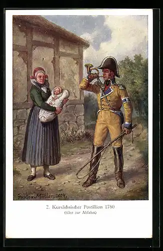 Künstler-AK Kursächsischer Postillion bläst zur Abfahrt, 1780