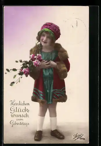 Foto-AK Lepo Nr. 1851 /5: Mädchen in Jacke mit Pelzbesatz, Geburtstagsgruss