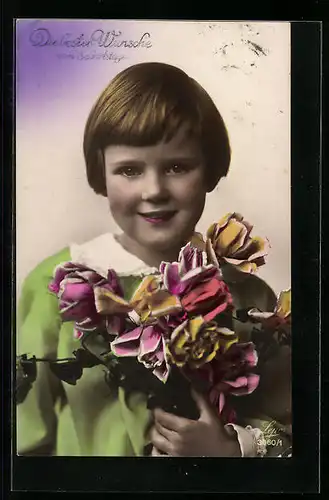 Foto-AK Lepo Nr. 3060 /1: Kind mit Blumenstrauss, Geburtstagsgruss