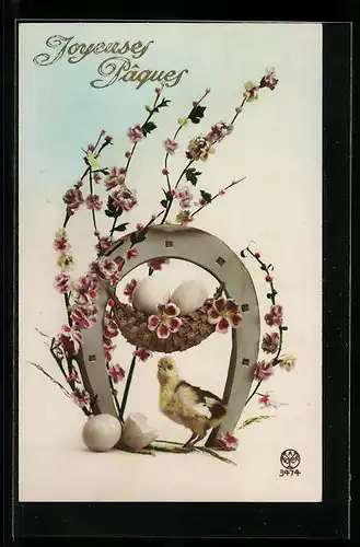 Foto-AK A. Noyer Nr. 3474: Joyeuses Pâques, Osterküken und Hufeisen