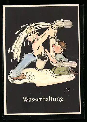 Künstler-AK sign. H. Moritz: bergmännische Begriffe karikiert aus Lustige Gezähekiste, Nr. 9: Wasserhaltung