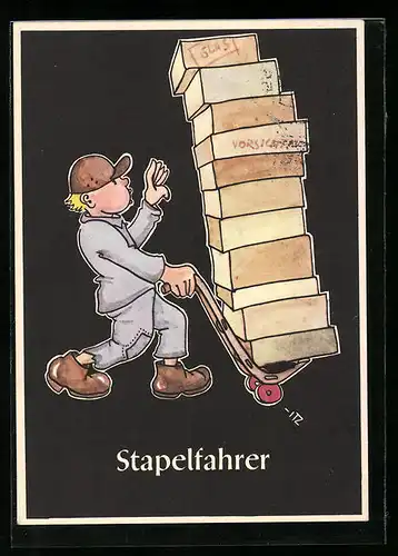 Künstler-AK sign. H. Moritz: 48 bergmännische Begriffe karikiert, aus Lustige Gezähekiste, Bild 8: Stapelfahrer