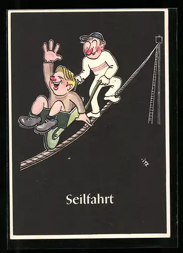 Künstler-AK sign. H. Moritz: bergmännische Begriffe karikiert aus Lustige Gezähekiste, Nr. 43: Seilfahrt