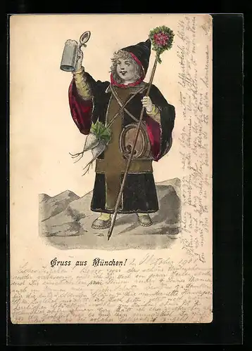 AK Münchner Kindl hebt grüssend seinen Bierkrug