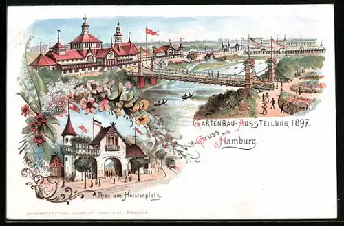 Lithographie Hamburg, Gartenbau-Ausstellung 1897, Ortspartie, Thor am Holstenplatz