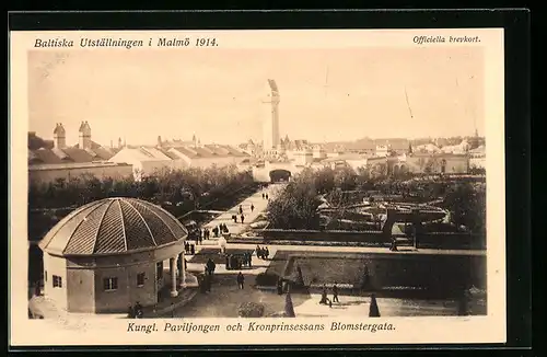 AK Malmö, Baltiska Utställningen 1914, Kungl. Paviljongen och Kronprinsessans Blomstergata