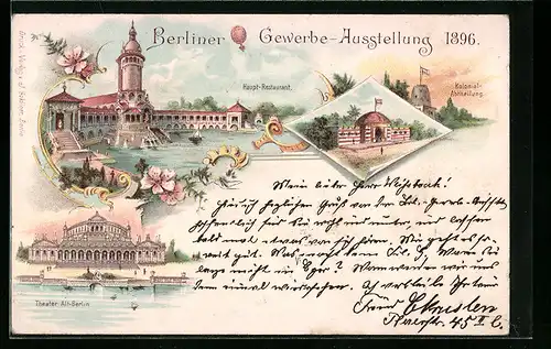 Lithographie Berlin, Gewerbe-Ausstellung 1896, Haupt-Restaurant, Kolonial-Abteilung, Theater