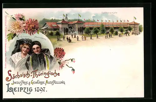 Lithographie Leipzig, Sächsisch-Thüringische Industrie & Gewerbe Ausstellung 1897, Gartenbauhalle, Trachten