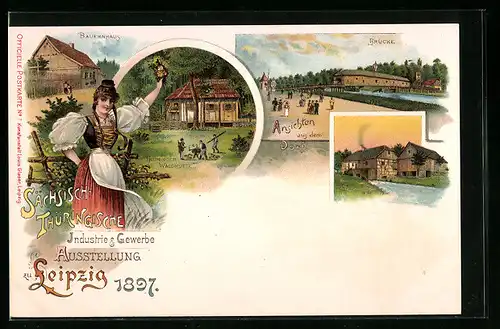 Lithographie Leipzig, Sächsisch-Thüringische Industrie & Gewerbe Ausstellung 1897, Bauernhaus, Brücke, Tracht