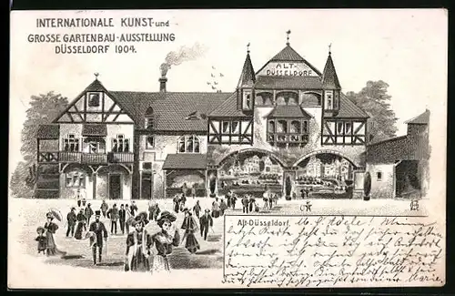 Lithographie Düsseldorf, Internationale Kunst- u. Grosse Gartenbau-Ausstellung 1904, Gebäude in Alt-Düsseldorf